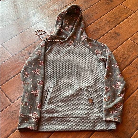 Tops - Maurice Gray Quilted Hoodie with Floral Sleeves - Size Small